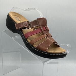 Clarks Strappy Buckle Sandals Women’s 11 Brown Red Leather Comfort Shoes Boho